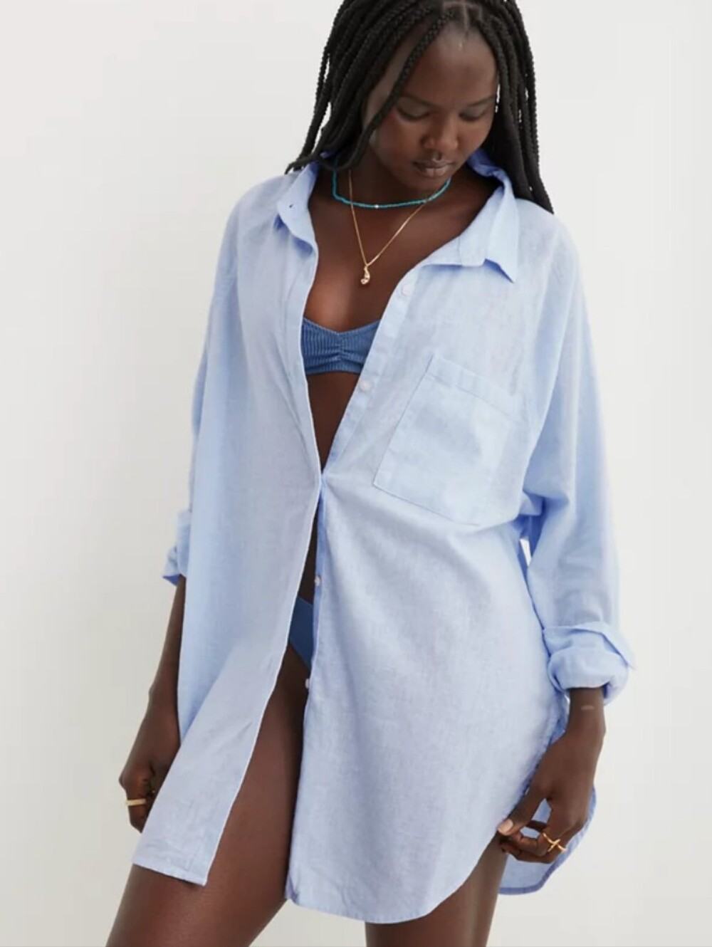 Aerie Light Blue Linen Blend Coverup Shirt